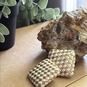 Avon 1993 Large Square Statement Earrings Gold White Woven Metallic | NIB 14